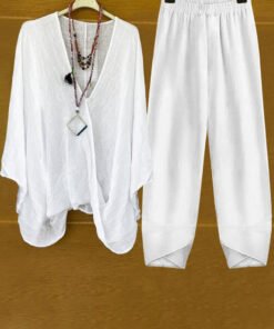 Women's Casual Cotton Two-Piece Set with Open-Front Top and Elastic Waist Pants