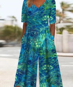 Women's V-Neck Peacock Print Wide-Leg Jumpsuit with Pockets