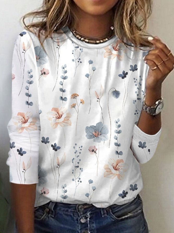Casual Crewneck Long Sleeve Floral Printed Blouse