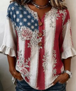 American Flag Floral Lace Ruffle 3/4 Sleeve Blouse