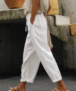 Women's White Loose Cotton Drawstring Pants With Pockets