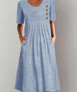 Women's Striped Short Sleeve Button Midi Dress with Side Pockets