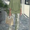 Women's Elegant Green Two-Piece Set with Layered Top & Leaf Print Pants