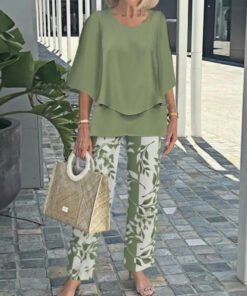 Women's Elegant Green Two-Piece Set with Layered Top & Leaf Print Pants