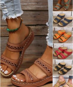 New large size slippers, retro stitching, non-slip round toe wedge heel, comfortable flat sandals for women
