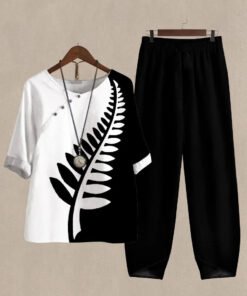Casual Round Neck Plant Printed Half Sleeve Two Piece Sets