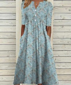 Women's Floral Print Half Sleeve V-Neck Pleated Midi Dress with Pockets
