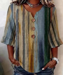 Multicolor Stripe Ruffle 3/4 Sleeve Button Accent Top