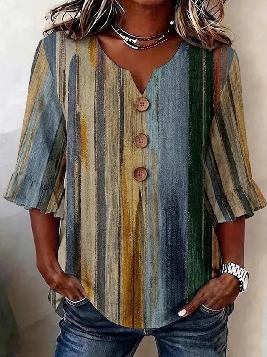 Multicolor Stripe Ruffle 3/4 Sleeve Button Accent Top