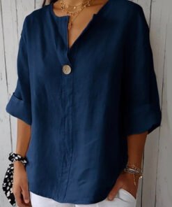 Women's Cotton Loose Fit 3/4 Sleeve Single Button Blouse