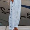 Women's Blue Striped Side-Button Casual Pants With Pockets