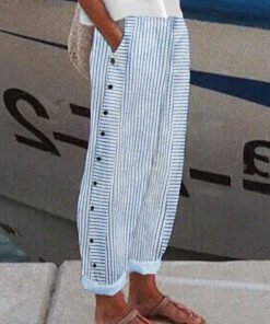 Women's Blue Striped Side-Button Casual Pants With Pockets