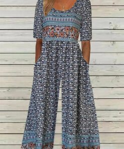 Floral Print Round Neck Short Sleeve Jumpsuit