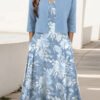 Blue Floral Print Midi Dress With Jacket