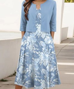 Blue Floral Print Midi Dress With Jacket