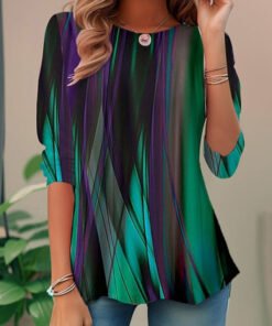 Women's Abstract Print Long Sleeve Round Neck Loose Casual Blouse