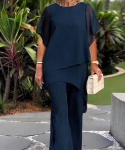 Navy Plain Round Neck Short Sleeve Two Piece Set