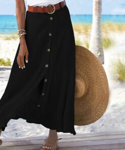 Women's Solid Straight Fashion Split Button Maxi High Waist Skirt
