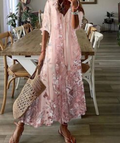 Lace Floral Print V Neck Casual Loose Half Sleeves Maxi Dress