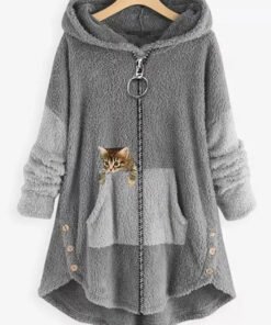 Gray Casual Graphic Tops Long Sleeve Cat Printed with Zipper Pockets Hoodie