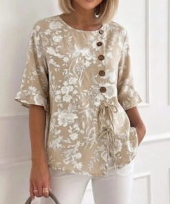 Champagne Floral Print Round Neck 3/4 Sleeve Top