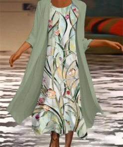 Women’s Floral Print Two-Piece Maxi Dress with Outerwear