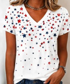 Red Blue Star Print V-Neck Short Sleeve Casual Tee