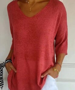 Women's Casual V-Neck 3/4 Sleeve Loose Knit Top
