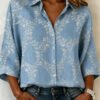 Light Blue Floral Print 3/4 Sleeve Button Shirt