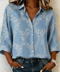 Light Blue Floral Print 3/4 Sleeve Button Shirt