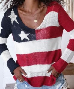 Flag Casual Graphic Tops V Neck Long Sleeve Sweater