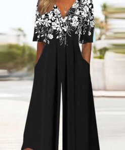 Women's Floral Print V-Neck Wide Leg Jumpsuit with Pockets