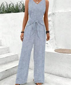 Casual Striped Print V Neck Sleeveless Jumpsuit