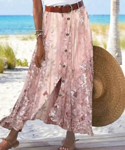 Women's Floral Printed Graphic Straight Fashion Split Button Maxi High Waist Skirt