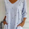 Blue Stripe Bow Print V-Neck 3/4 Sleeve Top