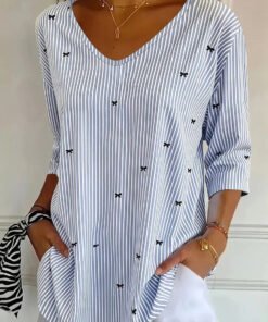Blue Stripe Bow Print V-Neck 3/4 Sleeve Top
