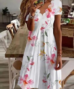 Women's Scallop Neck Floral Print Short Sleeve A-Line Summer Dress