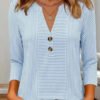 Blue Stripe Henley Neck 3/4 Sleeve Blouse