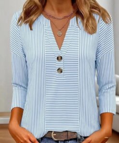 Blue Stripe Henley Neck 3/4 Sleeve Blouse