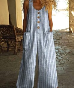 Women's Casual Striped Sleeveless Button-Front Wide Leg Jumpsuit with Pockets