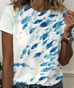 White Watercolor Fish Print Round Neck Short Sleeve Casual Tee