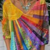 Women's Colorful Patchwork V-Neck Long Sleeve Loose Fit Blouse