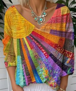 Women's Colorful Patchwork V-Neck Long Sleeve Loose Fit Blouse