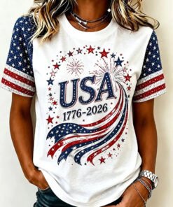 USA 1776-2026 Star Firework Print Round Neck Short Sleeve Raglan Tee