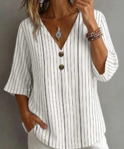 White Stripe V-Neck 3/4 Sleeve Blouse