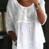 Women's White Floral Embroidered Patchwork Loose Blouse