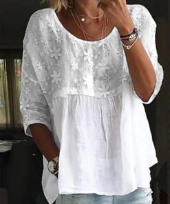 Women's White Floral Embroidered Patchwork Loose Blouse