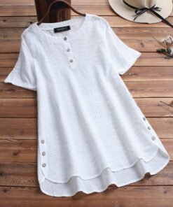 Women's Cotton Eyelet Short Sleeve Button Detail Casual Tunic Top