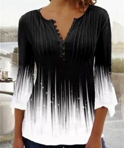 Black and White Casual V Neck Printed Long Sleeve Blouse