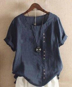 Women's Casual Loose-Fit Cotton Short Sleeve Blouse with Side Buttons